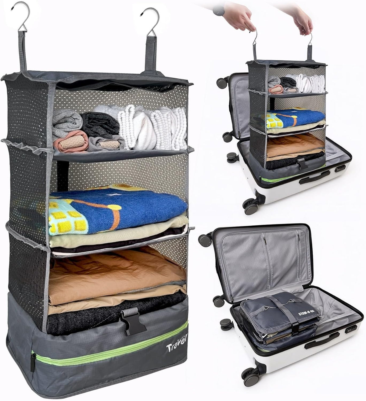 Stow-N-Go Portable Hanging Travel Shelves, Packing Organizer for Luggage. Carry on Closet with Hanger for Clothes. Expandable Packing Cube. Travel Essentials, Light Gray - L