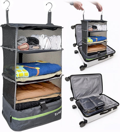 Stow-N-Go Portable Hanging Travel Shelves, Packing Organizer for Luggage. Carry on Closet with Hanger for Clothes. Expandable Packing Cube. Travel Essentials, Light Gray - L