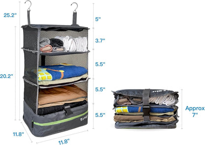 Stow-N-Go Portable Hanging Travel Shelves, Packing Organizer for Luggage. Carry on Closet with Hanger for Clothes. Expandable Packing Cube. Travel Essentials, Light Gray - L