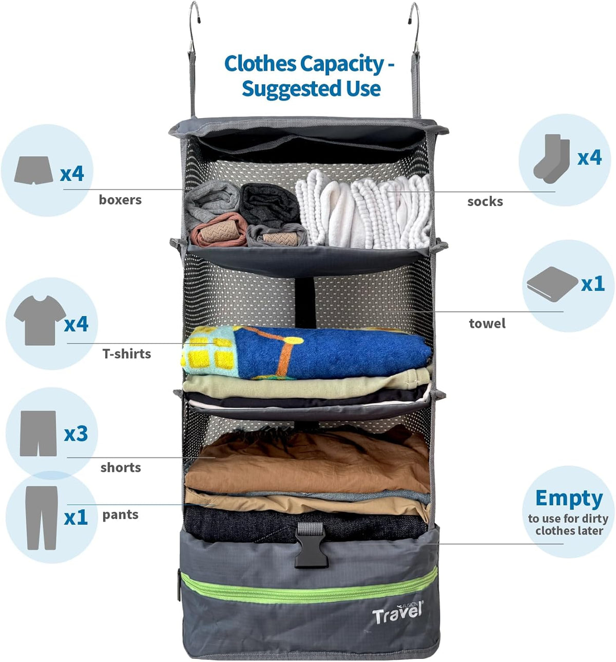 Stow-N-Go Portable Hanging Travel Shelves, Packing Organizer for Luggage. Carry on Closet with Hanger for Clothes. Expandable Packing Cube. Travel Essentials, Light Gray - L