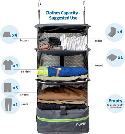 Stow-N-Go Portable Hanging Travel Shelves, Packing Organizer for Luggage. Carry on Closet with Hanger for Clothes. Expandable Packing Cube. Travel Essentials, Light Gray - L