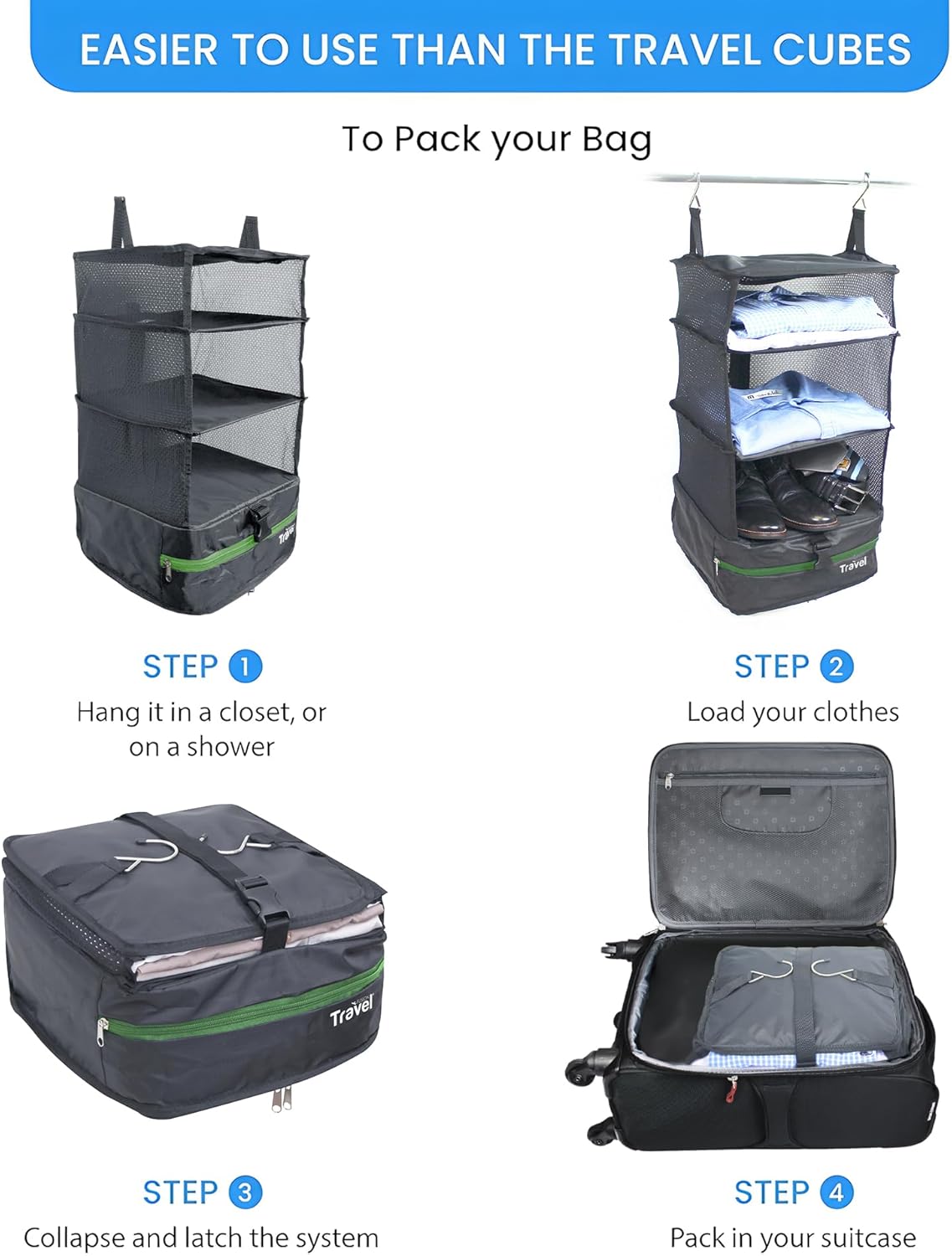 Stow-N-Go Portable Hanging Travel Shelves, Packing Organizer for Luggage. Carry on Closet with Hanger for Clothes. Expandable Packing Cube. Travel Essentials, Light Gray - L