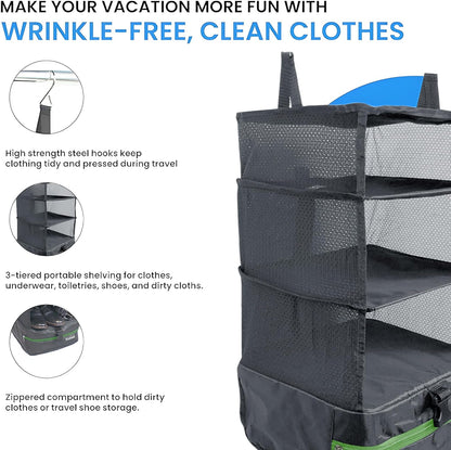 Stow-N-Go Portable Hanging Travel Shelves, Packing Organizer for Luggage. Carry on Closet with Hanger for Clothes. Expandable Packing Cube. Travel Essentials, Light Gray - L