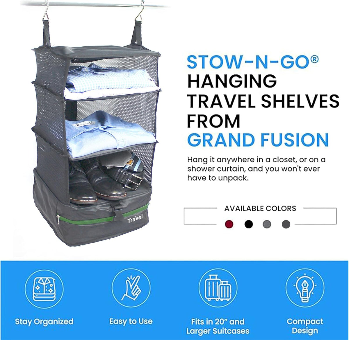 Stow-N-Go Portable Hanging Travel Shelves, Packing Organizer for Luggage. Carry on Closet with Hanger for Clothes. Expandable Packing Cube. Travel Essentials, Light Gray - L