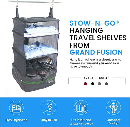 Stow-N-Go Portable Hanging Travel Shelves, Packing Organizer for Luggage. Carry on Closet with Hanger for Clothes. Expandable Packing Cube. Travel Essentials, Light Gray - L