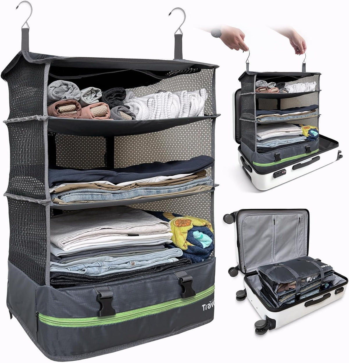 Stow-N-Go Portable Hanging Travel Shelves, Packing Organizer for Luggage. Carry on Closet with Hanger for Clothes. Expandable Packing Cube. Travel Essentials, Light Gray - L