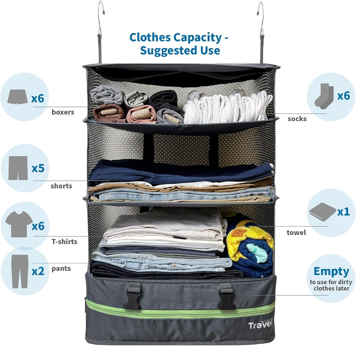 Stow-N-Go Portable Hanging Travel Shelves, Packing Organizer for Luggage. Carry on Closet with Hanger for Clothes. Expandable Packing Cube. Travel Essentials, Light Gray - L