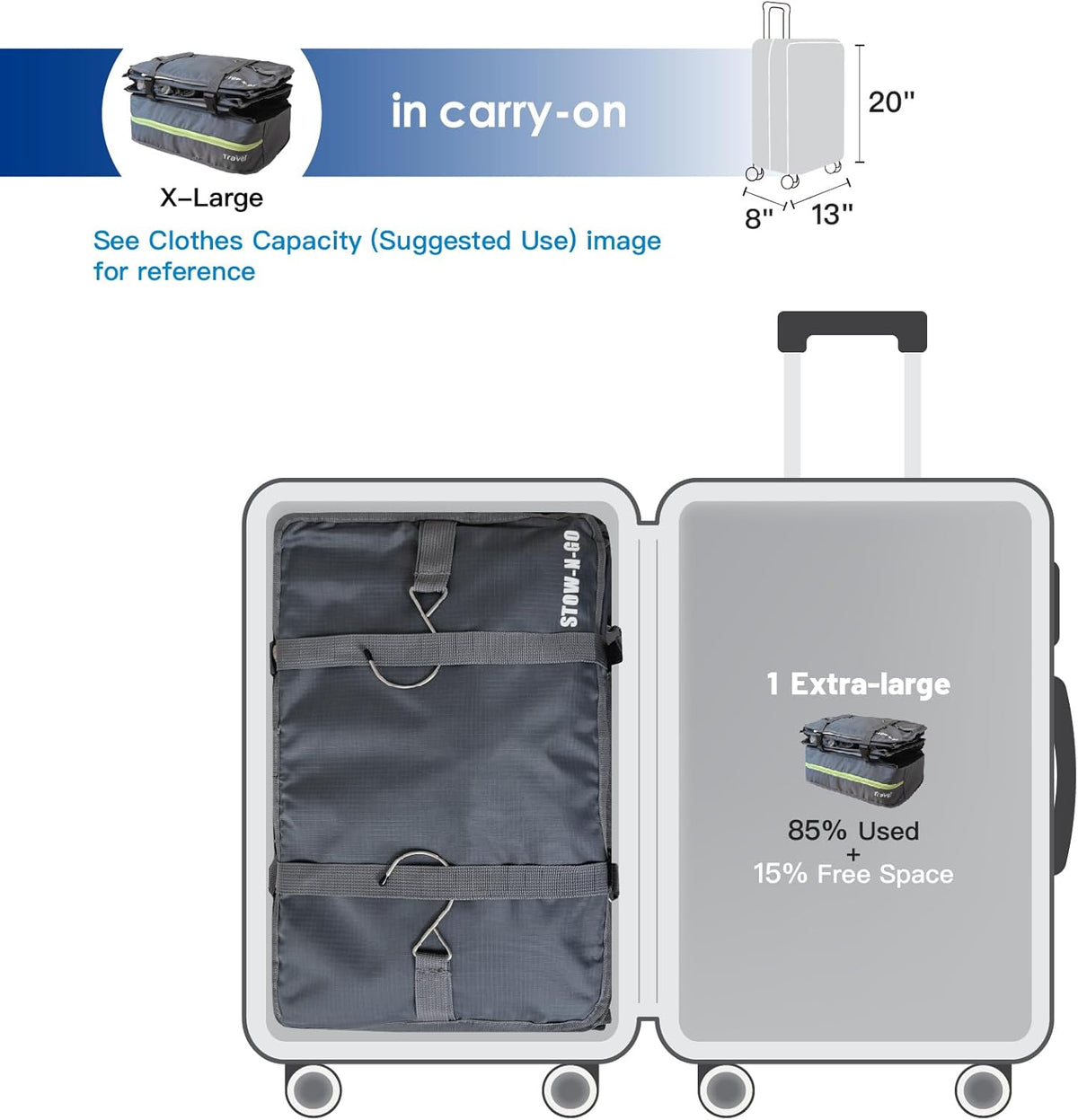 Stow-N-Go Portable Hanging Travel Shelves, Packing Organizer for Luggage. Carry on Closet with Hanger for Clothes. Expandable Packing Cube. Travel Essentials, Light Gray - L