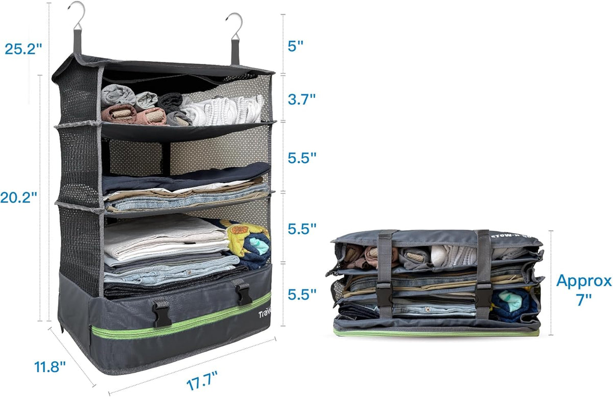 Stow-N-Go Portable Hanging Travel Shelves, Packing Organizer for Luggage. Carry on Closet with Hanger for Clothes. Expandable Packing Cube. Travel Essentials, Light Gray - L