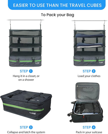 Stow-N-Go Portable Hanging Travel Shelves, Packing Organizer for Luggage. Carry on Closet with Hanger for Clothes. Expandable Packing Cube. Travel Essentials, Light Gray - L