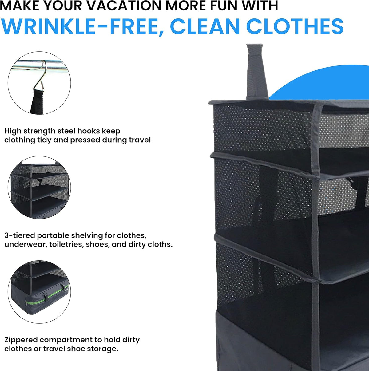 Stow-N-Go Portable Hanging Travel Shelves, Packing Organizer for Luggage. Carry on Closet with Hanger for Clothes. Expandable Packing Cube. Travel Essentials, Light Gray - L