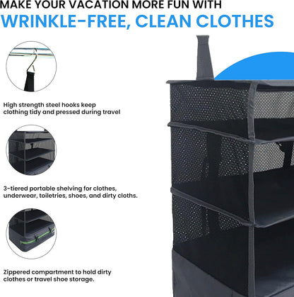 Stow-N-Go Portable Hanging Travel Shelves, Packing Organizer for Luggage. Carry on Closet with Hanger for Clothes. Expandable Packing Cube. Travel Essentials, Light Gray - L