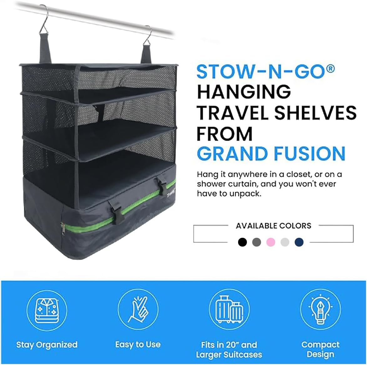Stow-N-Go Portable Hanging Travel Shelves, Packing Organizer for Luggage. Carry on Closet with Hanger for Clothes. Expandable Packing Cube. Travel Essentials, Light Gray - L