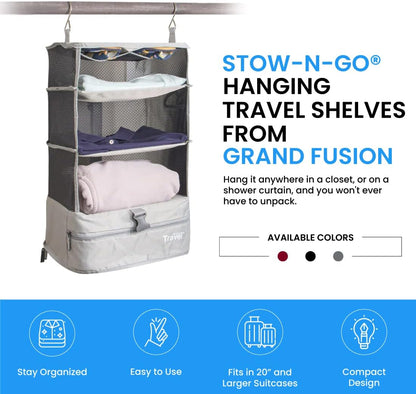Stow-N-Go Portable Hanging Travel Shelves, Packing Organizer for Luggage. Carry on Closet with Hanger for Clothes. Expandable Packing Cube. Travel Essentials, Light Gray - L