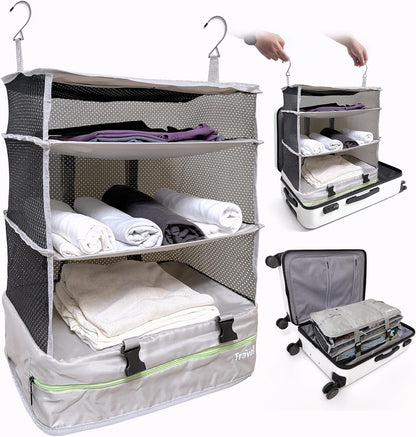 Stow-N-Go Portable Hanging Travel Shelves, Packing Organizer for Luggage. Carry on Closet with Hanger for Clothes. Expandable Packing Cube. Travel Essentials, Light Gray - L