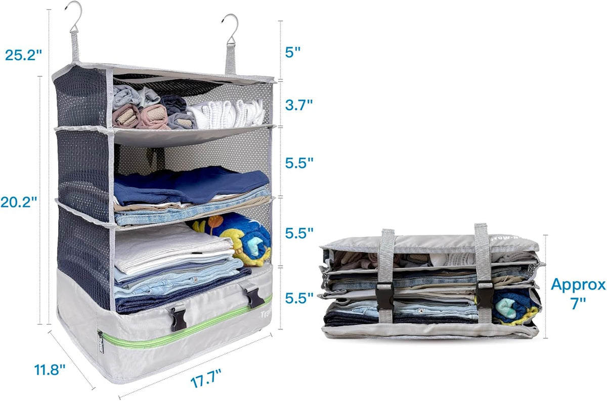 Stow-N-Go Portable Hanging Travel Shelves, Packing Organizer for Luggage. Carry on Closet with Hanger for Clothes. Expandable Packing Cube. Travel Essentials, Light Gray - L