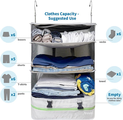 Stow-N-Go Portable Hanging Travel Shelves, Packing Organizer for Luggage. Carry on Closet with Hanger for Clothes. Expandable Packing Cube. Travel Essentials, Light Gray - L