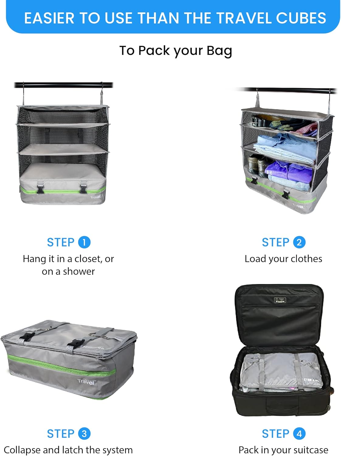 Stow-N-Go Portable Hanging Travel Shelves, Packing Organizer for Luggage. Carry on Closet with Hanger for Clothes. Expandable Packing Cube. Travel Essentials, Light Gray - L