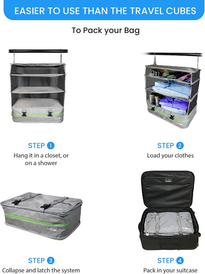Stow-N-Go Portable Hanging Travel Shelves, Packing Organizer for Luggage. Carry on Closet with Hanger for Clothes. Expandable Packing Cube. Travel Essentials, Light Gray - L