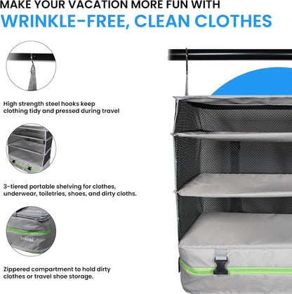 Stow-N-Go Portable Hanging Travel Shelves, Packing Organizer for Luggage. Carry on Closet with Hanger for Clothes. Expandable Packing Cube. Travel Essentials, Light Gray - L