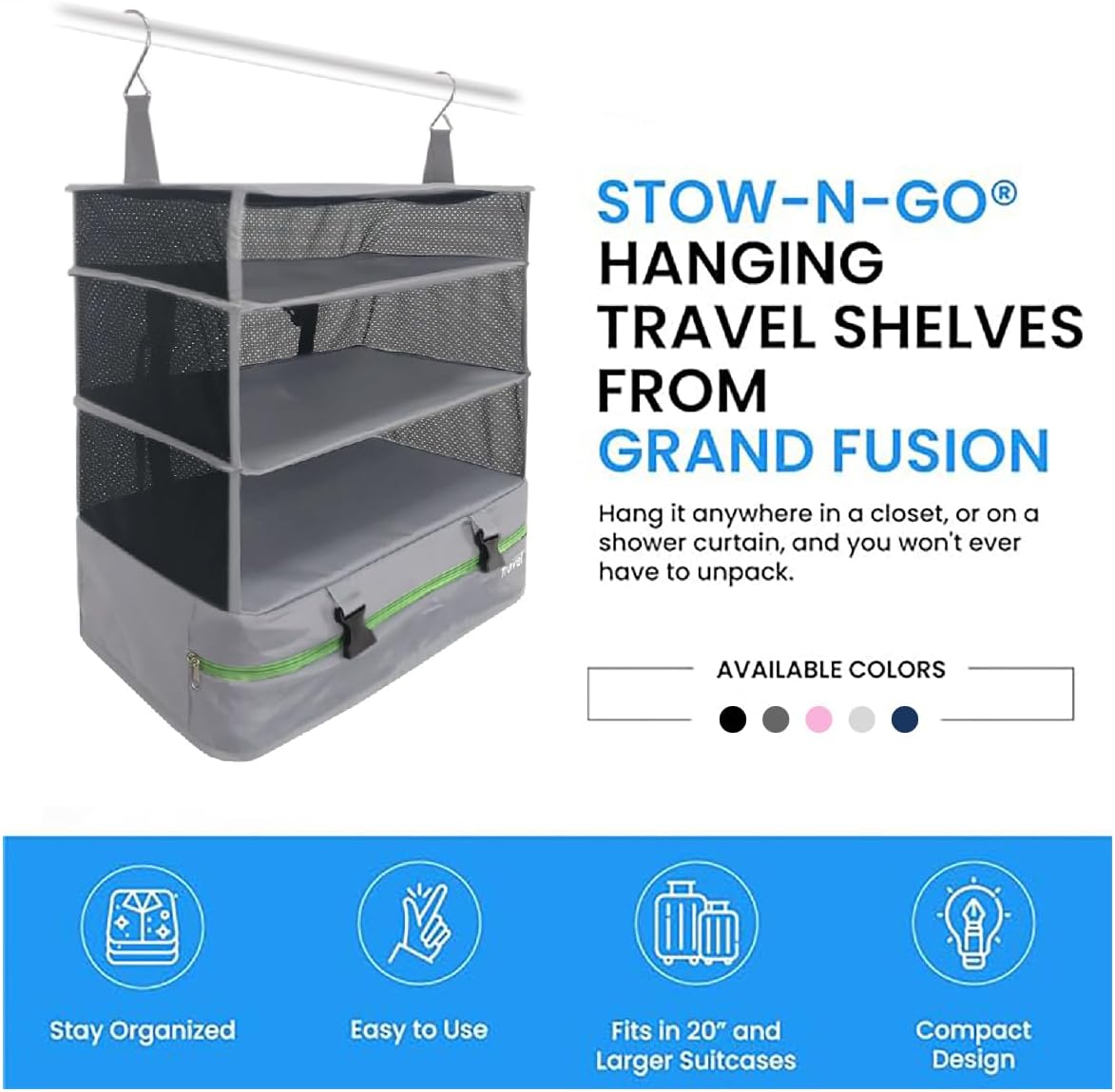 Stow-N-Go Portable Hanging Travel Shelves, Packing Organizer for Luggage. Carry on Closet with Hanger for Clothes. Expandable Packing Cube. Travel Essentials, Light Gray - L