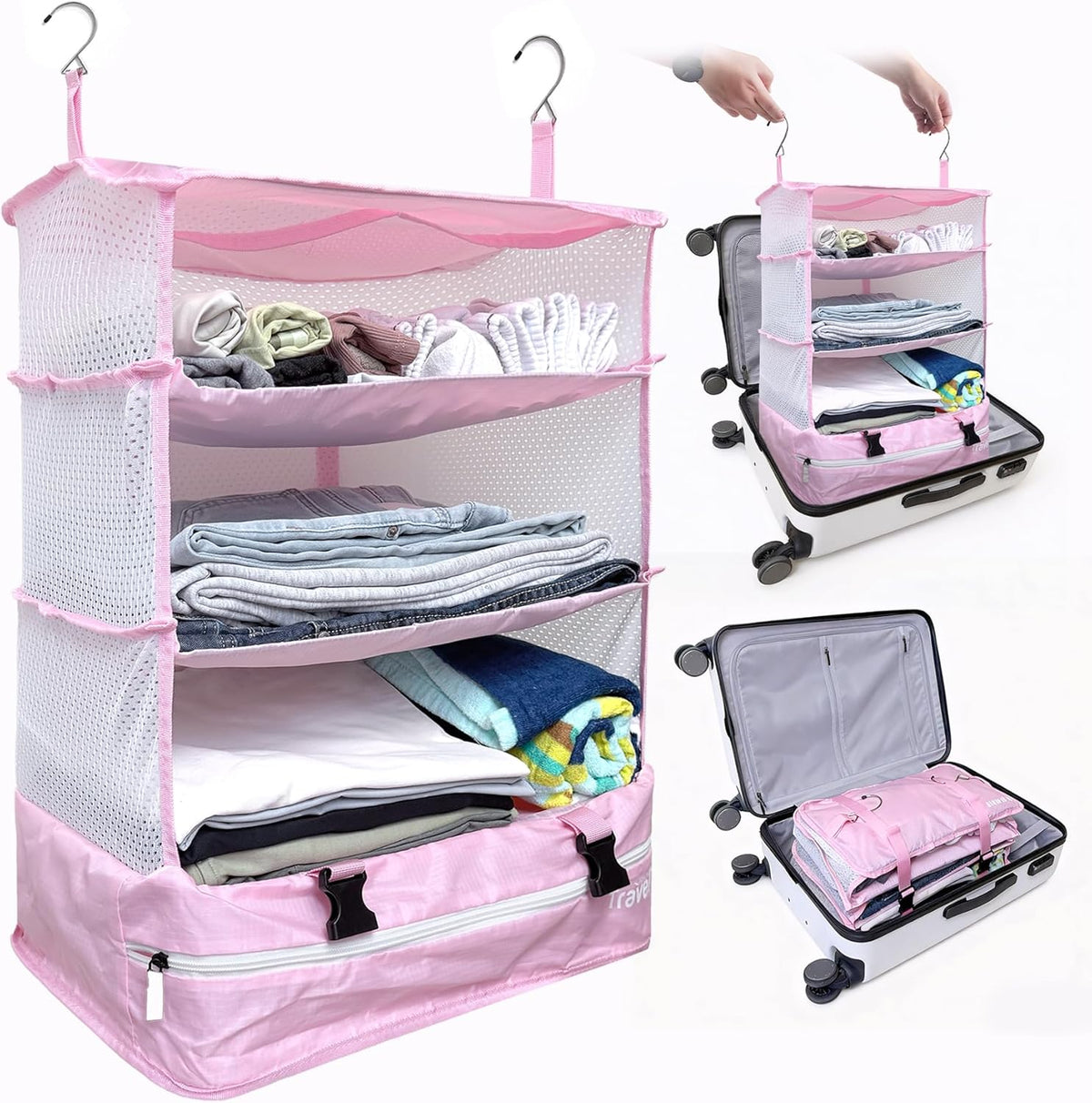 Stow-N-Go Portable Hanging Travel Shelves, Packing Organizer for Luggage. Carry on Closet with Hanger for Clothes. Expandable Packing Cube. Travel Essentials, Light Gray - L