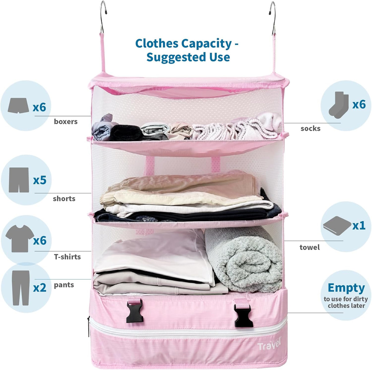 Stow-N-Go Portable Hanging Travel Shelves, Packing Organizer for Luggage. Carry on Closet with Hanger for Clothes. Expandable Packing Cube. Travel Essentials, Light Gray - L