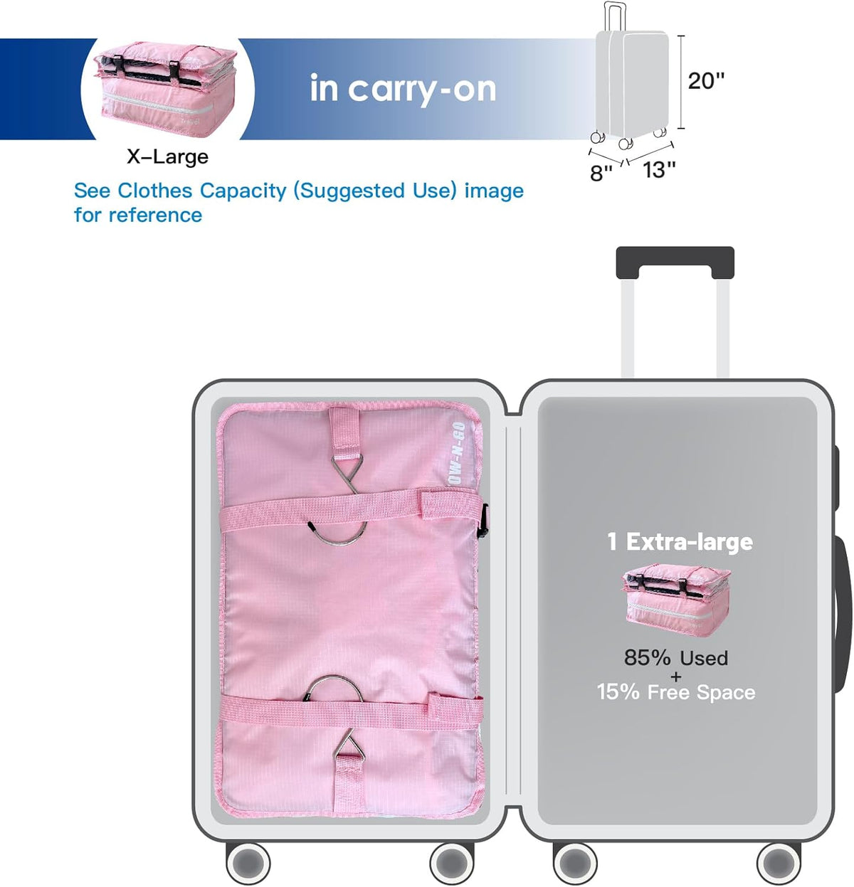 Stow-N-Go Portable Hanging Travel Shelves, Packing Organizer for Luggage. Carry on Closet with Hanger for Clothes. Expandable Packing Cube. Travel Essentials, Light Gray - L