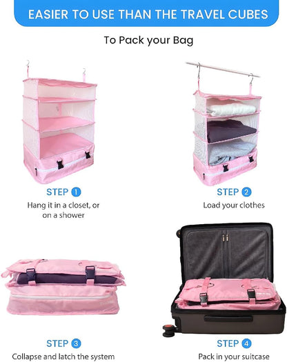 Stow-N-Go Portable Hanging Travel Shelves, Packing Organizer for Luggage. Carry on Closet with Hanger for Clothes. Expandable Packing Cube. Travel Essentials, Light Gray - L
