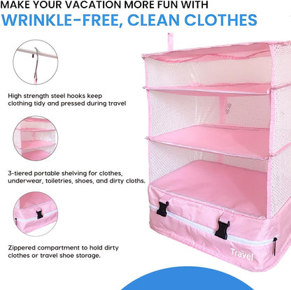 Stow-N-Go Portable Hanging Travel Shelves, Packing Organizer for Luggage. Carry on Closet with Hanger for Clothes. Expandable Packing Cube. Travel Essentials, Light Gray - L