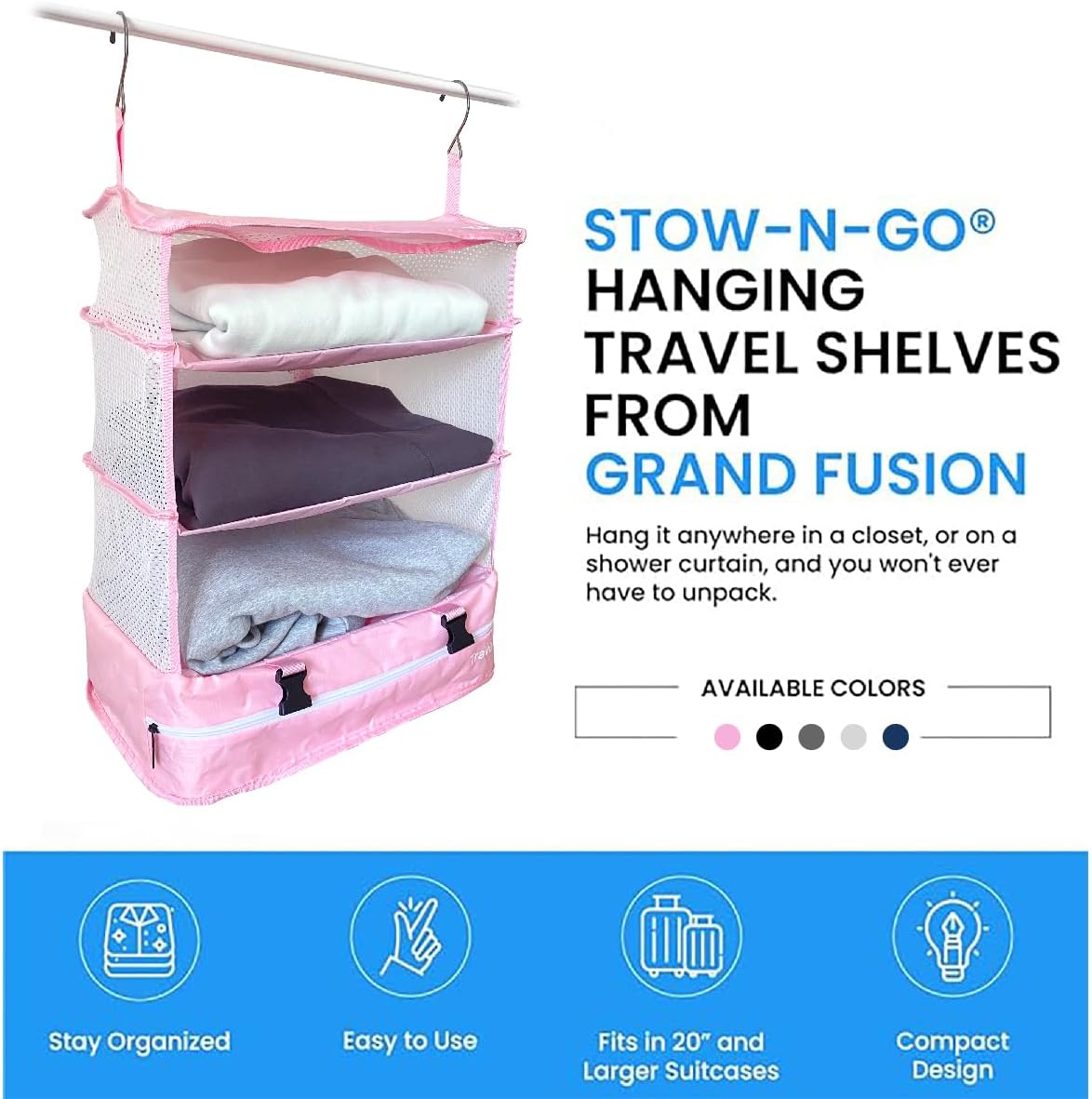 Stow-N-Go Portable Hanging Travel Shelves, Packing Organizer for Luggage. Carry on Closet with Hanger for Clothes. Expandable Packing Cube. Travel Essentials, Light Gray - L