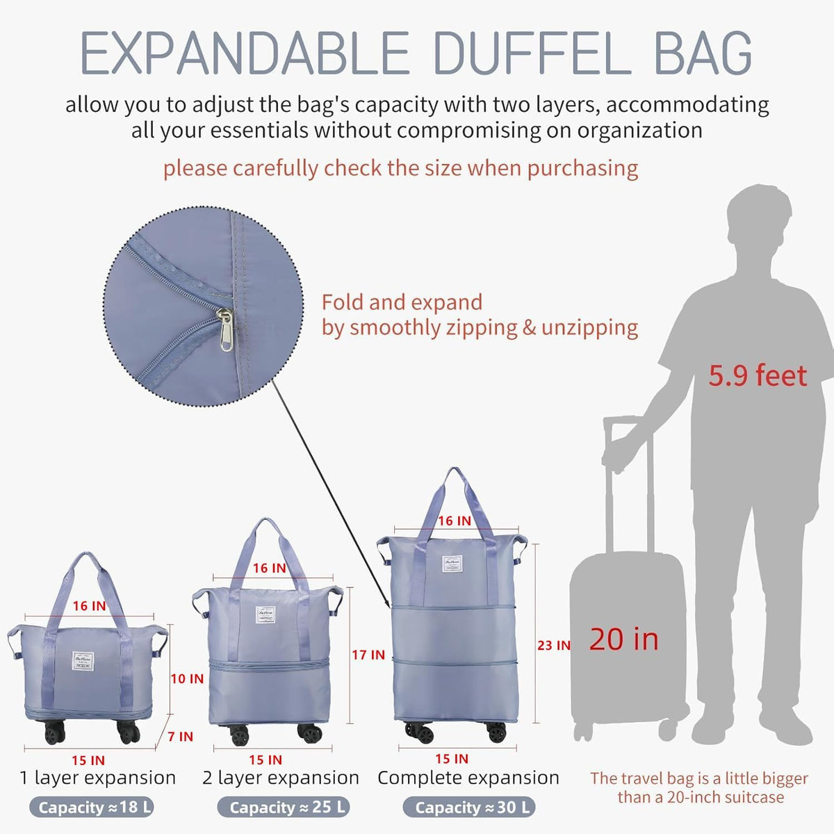 Rolling Duffle Bag, Expandable Foldable Carry On, Large Weekend Bag with Spinner Wheels, 28-58L, Purple