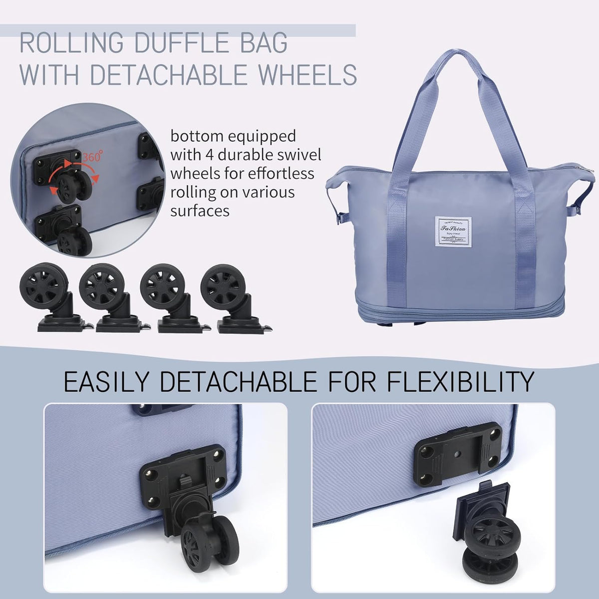Rolling Duffle Bag, Expandable Foldable Carry On, Large Weekend Bag with Spinner Wheels, 28-58L, Purple