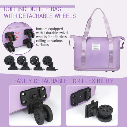 Rolling Duffle Bag, Expandable Foldable Carry On, Large Weekend Bag with Spinner Wheels, 28-58L, Purple