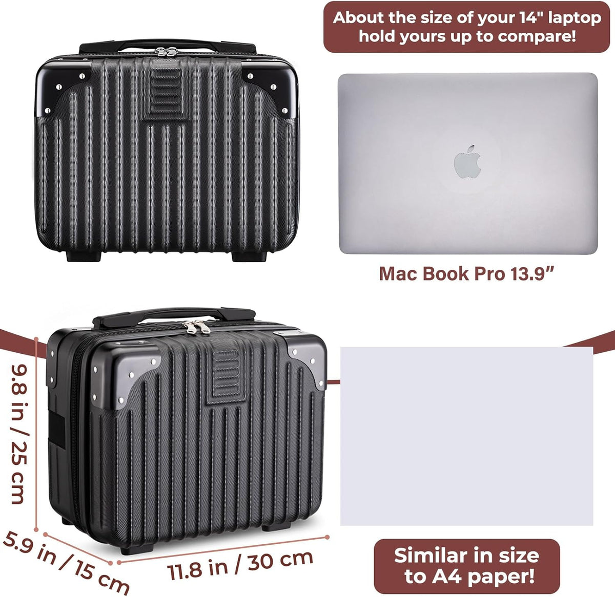 14 Inch Portable Makeup Travel Case Hand Luggage, Pressure-proof ABS Carrying Makeup Case Suitcase with Elastic Band, Small Hard Shell Cosmetic Case for Travel Camping Women Girl - Rose Gold