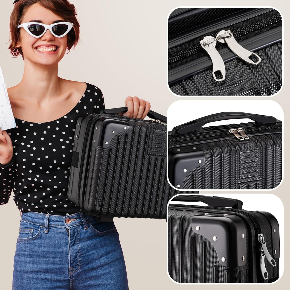 14 Inch Portable Makeup Travel Case Hand Luggage, Pressure-proof ABS Carrying Makeup Case Suitcase with Elastic Band, Small Hard Shell Cosmetic Case for Travel Camping Women Girl - Rose Gold