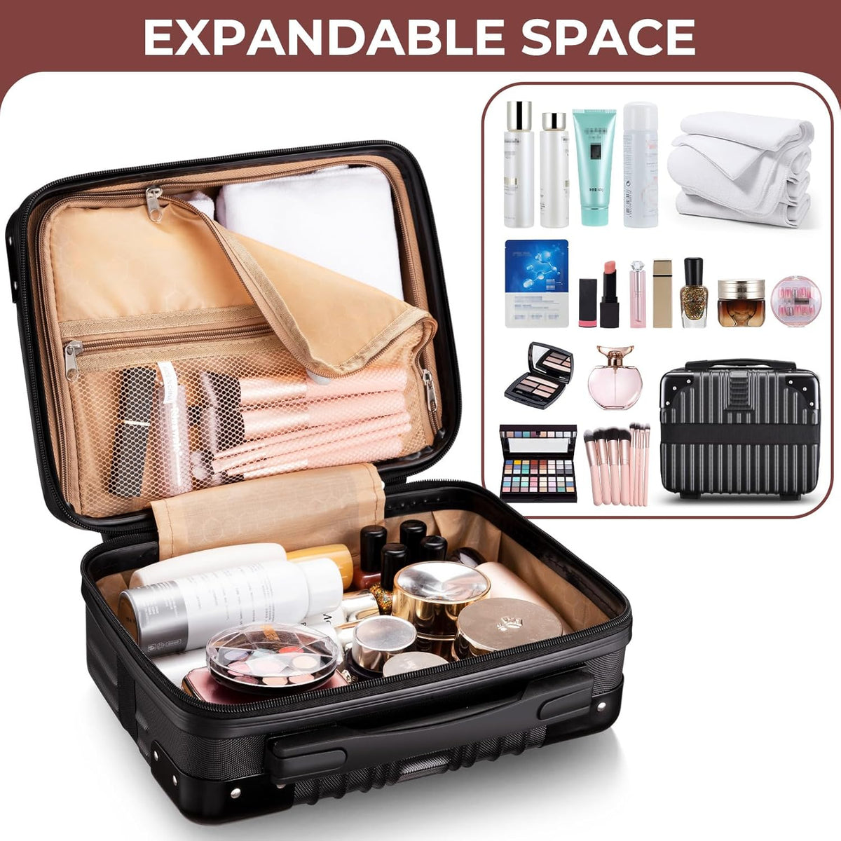 14 Inch Portable Makeup Travel Case Hand Luggage, Pressure-proof ABS Carrying Makeup Case Suitcase with Elastic Band, Small Hard Shell Cosmetic Case for Travel Camping Women Girl - Rose Gold