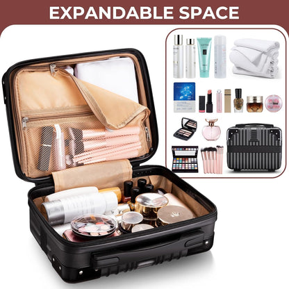 14 Inch Portable Makeup Travel Case Hand Luggage, Pressure-proof ABS Carrying Makeup Case Suitcase with Elastic Band, Small Hard Shell Cosmetic Case for Travel Camping Women Girl - Rose Gold