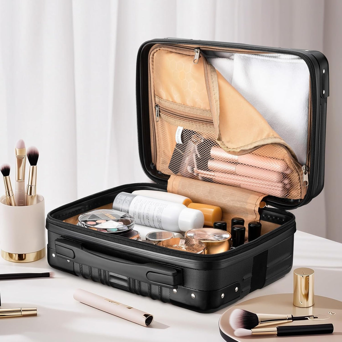 14 Inch Portable Makeup Travel Case Hand Luggage, Pressure-proof ABS Carrying Makeup Case Suitcase with Elastic Band, Small Hard Shell Cosmetic Case for Travel Camping Women Girl - Rose Gold