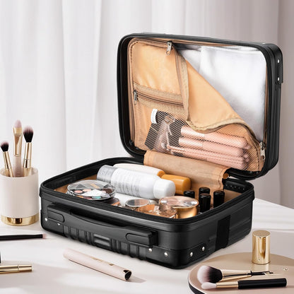 14 Inch Portable Makeup Travel Case Hand Luggage, Pressure-proof ABS Carrying Makeup Case Suitcase with Elastic Band, Small Hard Shell Cosmetic Case for Travel Camping Women Girl - Rose Gold