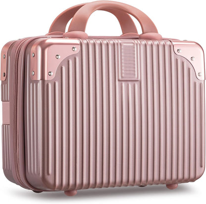 14 Inch Portable Makeup Travel Case Hand Luggage, Pressure-proof ABS Carrying Makeup Case Suitcase with Elastic Band, Small Hard Shell Cosmetic Case for Travel Camping Women Girl - Rose Gold