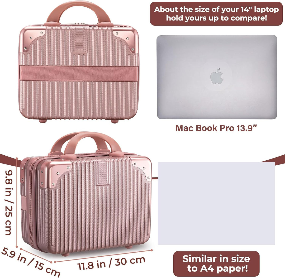 14 Inch Portable Makeup Travel Case Hand Luggage, Pressure-proof ABS Carrying Makeup Case Suitcase with Elastic Band, Small Hard Shell Cosmetic Case for Travel Camping Women Girl - Rose Gold