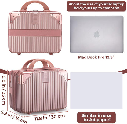 14 Inch Portable Makeup Travel Case Hand Luggage, Pressure-proof ABS Carrying Makeup Case Suitcase with Elastic Band, Small Hard Shell Cosmetic Case for Travel Camping Women Girl - Rose Gold