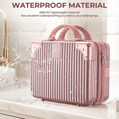 14 Inch Portable Makeup Travel Case Hand Luggage, Pressure-proof ABS Carrying Makeup Case Suitcase with Elastic Band, Small Hard Shell Cosmetic Case for Travel Camping Women Girl - Rose Gold