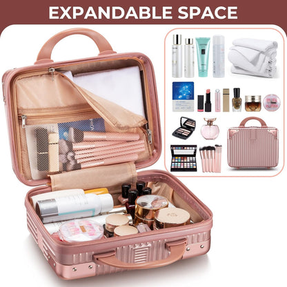 14 Inch Portable Makeup Travel Case Hand Luggage, Pressure-proof ABS Carrying Makeup Case Suitcase with Elastic Band, Small Hard Shell Cosmetic Case for Travel Camping Women Girl - Rose Gold