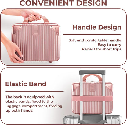 14 Inch Portable Makeup Travel Case Hand Luggage, Pressure-proof ABS Carrying Makeup Case Suitcase with Elastic Band, Small Hard Shell Cosmetic Case for Travel Camping Women Girl - Rose Gold