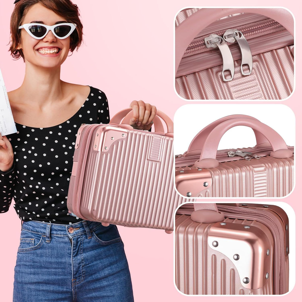 14 Inch Portable Makeup Travel Case Hand Luggage, Pressure-proof ABS Carrying Makeup Case Suitcase with Elastic Band, Small Hard Shell Cosmetic Case for Travel Camping Women Girl - Rose Gold