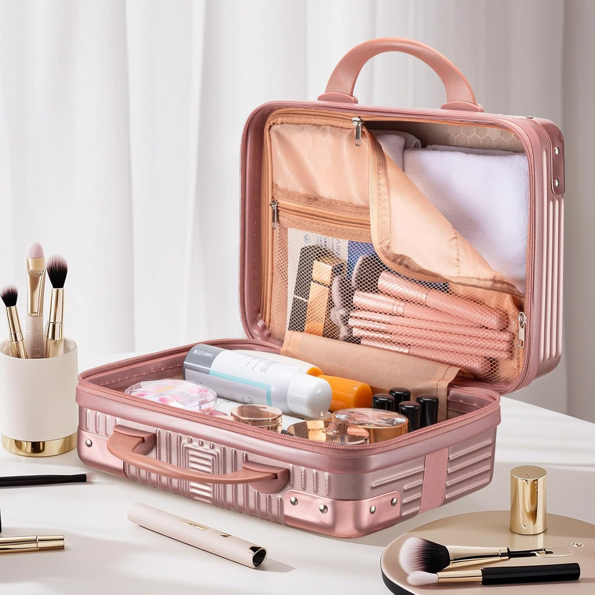 14 Inch Portable Makeup Travel Case Hand Luggage, Pressure-proof ABS Carrying Makeup Case Suitcase with Elastic Band, Small Hard Shell Cosmetic Case for Travel Camping Women Girl - Rose Gold