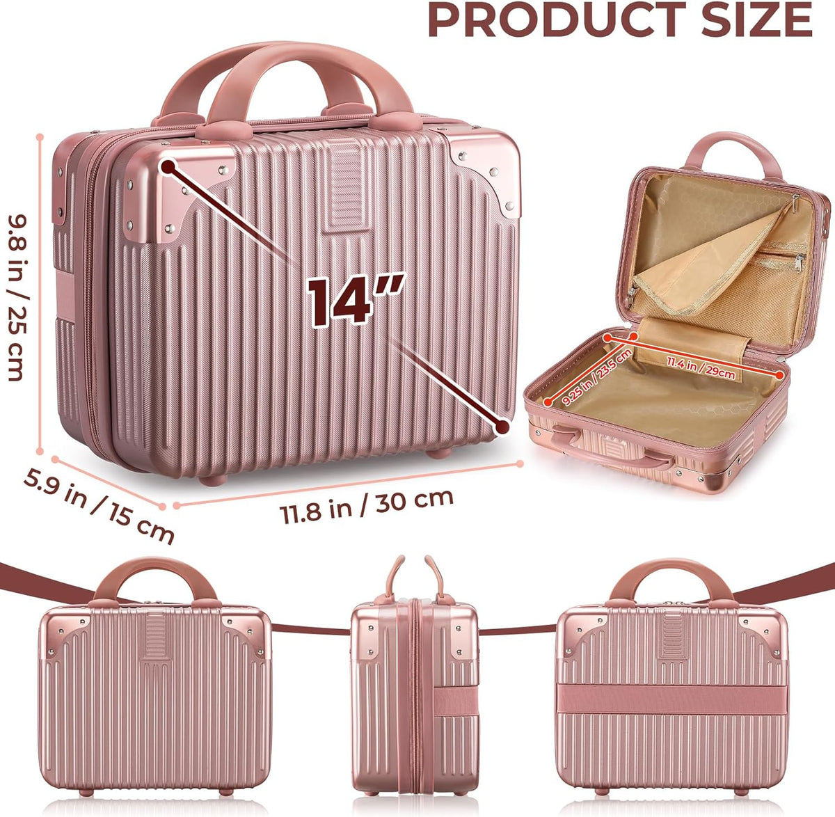 14 Inch Portable Makeup Travel Case Hand Luggage, Pressure-proof ABS Carrying Makeup Case Suitcase with Elastic Band, Small Hard Shell Cosmetic Case for Travel Camping Women Girl - Rose Gold