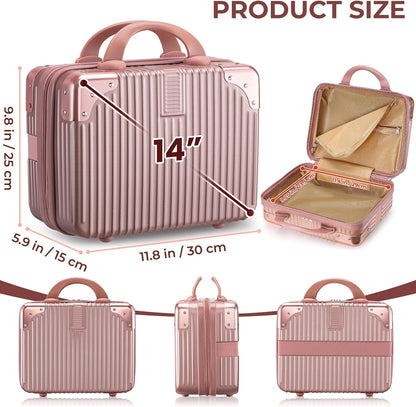 14 Inch Portable Makeup Travel Case Hand Luggage, Pressure-proof ABS Carrying Makeup Case Suitcase with Elastic Band, Small Hard Shell Cosmetic Case for Travel Camping Women Girl - Rose Gold